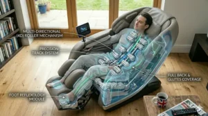 Visual representation of lumbar heat therapy zones on a massage chair to help soothe back pain and stiff muscles.