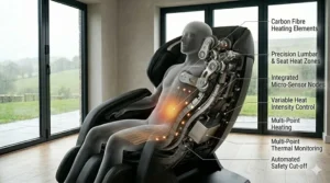 A thermal diagram showing the integrated carbon fibre heating elements in the lumbar and seat areas to help soothe sore muscles and improve flexibility.