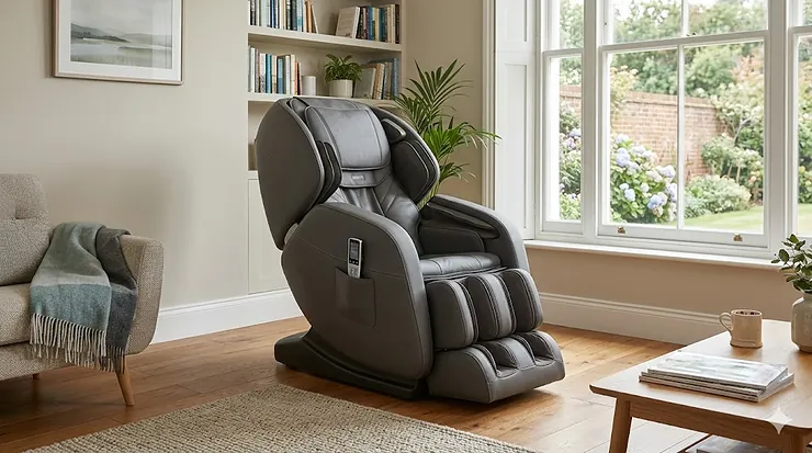 A high-end airbag massage chair in a modern British lounge, demonstrating full-body compression technology for home relaxation. airbag massage chair