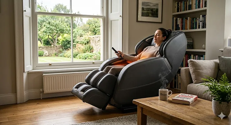 A luxury heated massage chair in a modern British lounge, featuring charcoal grey upholstery and an integrated control panel. heated massage chair