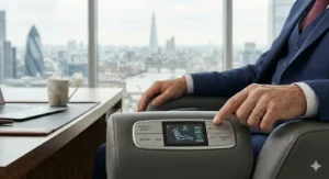 Close-up of premium black grained leather upholstery and bespoke stitching on an executive-grade massage chair suitable for a home study or boardroom.