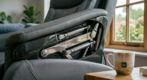 A close-up lifestyle shot of a high-end massage chair integrated into a British home, highlighting the soft leather textures and a classic woollen throw.