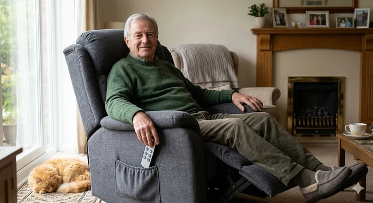 A senior man relaxing in a grey reclining massage chair for the elderly in a modern British living room with soft natural light. massage chair for elderly