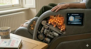 A person relaxing in a heated massage chair after a long day, illustrating the comfort and de-stressing benefits of home thermotherapy.