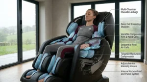 A visualisation of the multi-zone airbag compression system targeting the shoulders, arms, calves, and feet to help reduce post-workout inflammation.