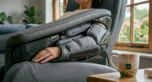 A detailed view of the sophisticated SL-track roller mechanism inside a massage chair, showing the mechanical linkages designed for deep tissue stress relief.