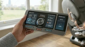 Graphic showing the user interface with various pre-set massage programmes tailored for UK users.