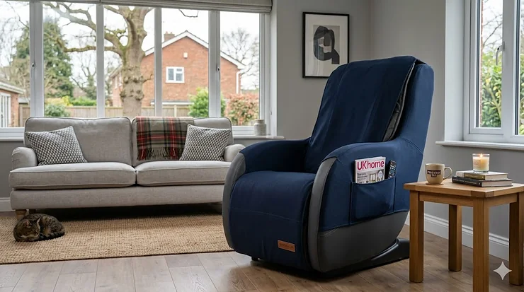 A premium navy blue massage chair cover protecting a leather chair in a modern British lounge setting with natural lighting. massage chair cover