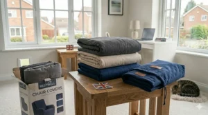 A stack of folded massage chair covers in charcoal, beige, and navy blue displayed on an oak side table with Union Jack coasters.