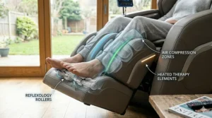 Close-up of an enclosed reflexology footrest on a premium model compared to a basic stool-style footrest on a regular chair.