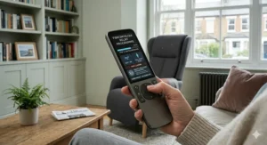 A close-up of a hand holding an ergonomic remote control. The vibrant OLED screen displays customised options including "FIBROMYALGIA RELIEF PROGRAMME" and "GENTLE RECOVERY," featuring clear icons and intuitive controls designed for soft tissue and chronic pain management.