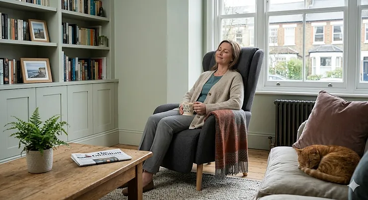 A middle-aged woman relaxes in a charcoal grey high-backed reclining massage chair within a modern British living room. She holds a ceramic mug, eyes closed in comfort. The scene includes an oak coffee table with a newspaper, soft natural light from a large window, a Victorian-style radiator, and a tabby cat sleeping on a nearby sofa. massage chair for fibromyalgia