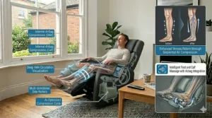 A circulation-focused illustration showing sequential air compression on the legs and feet to enhance venous return, paired with a close-up of AI-optimised sole rollers.