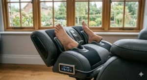 A photorealistic close-up of the internal engineering and carbon-fibre components that drive the 'Articulate Wellness' series massage chair.