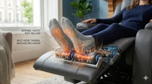 A detailed demonstration of the adjustable leg rest extension mechanism, designed to accommodate various heights for a bespoke home massage experience.