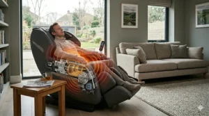 A technical illustration highlighting the integrated heating elements in the lower back section of a massage chair designed to soothe chronic back ache.