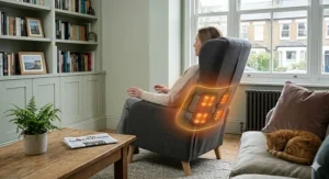 A close-up, photorealistic view focusing on the lumbar region of a woman seated in a grey reclining massage chair. Bright, distinctly visible glowing heating elements within the chair's lower back support are active, emitting a warm, soothing orange light through the mesh fabric to alleviate chronic muscle stiffness.