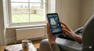 Hand holding a digital remote control for a heated massage chair, displaying various automated relaxation programmes and intensity settings.