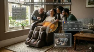 Hand holding a digital remote control displaying various automated massage programmes and intensity settings.