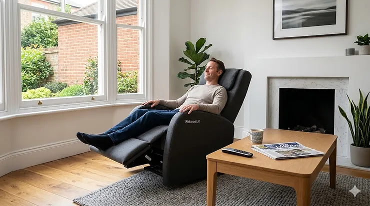 A photorealistic modern massage chair for sciatica relief in a bright British living room with a sash window and natural lighting. A person relaxes in the chair next to a side table featuring a mug of tea and a UK newspaper. massage chair for sciatica relief
