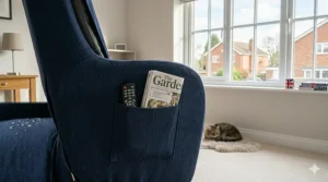 Close-up of an integrated side pocket on the chair cover containing a remote control and a British gardening magazine.