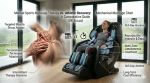 An infographic comparing the consistency and accessibility of a home massage chair versus traditional sports massage therapy for long-term recovery.