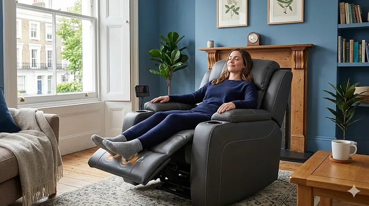 A photorealistic image of a woman relaxing in a modern, charcoal-grey massage chair with active foot rollers, located in a light-filled British living room featuring a classic sash window and wooden mantlepiece. massage chair with foot rollers