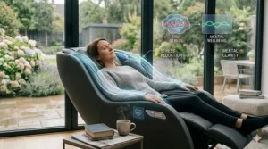 A calming illustration of a user experiencing stress relief and improved mental wellbeing through a zero-gravity recliner position.