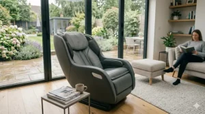 A photorealistic digital rendering of a sleek, charcoal-grey massage chair styled as a sophisticated armchair in a contemporary British home.