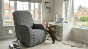 A durable grey quilted massage chair cover being tested by a tabby cat to show scratch and hair resistance.