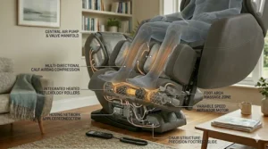 Detailed view of the footrest featuring airbags and rollers for a professional-style reflexology treatment.