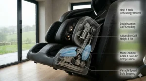 A detailed internal view of specialised foot rollers and calf kneading pads designed for intense lower-body recovery for runners and footballers.