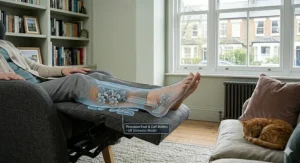 A photorealistic, detailed close-up of the footrest area of the massage chair. A technical overlay with a cool blue and orange hue diagrammatically reveals the internal mechanism of multiple precision foot rollers and air compression cells working in tandem for reflexology-style relief.