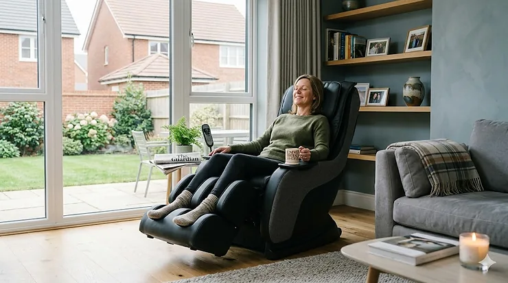 A luxury reflexology massage chair positioned in a contemporary British living room with soft, natural morning light. reflexology massage chair