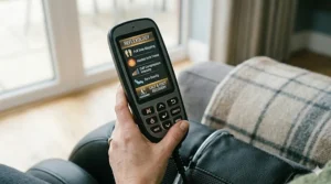 The handheld remote control displaying various customisable reflexology settings and automated massage modes.