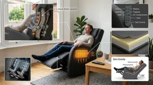 A detailed anatomical diagram overlaying a photorealistic massage chair, showing the L4 and L5 vertebrae and the sciatic nerve to demonstrate how the roller system alleviates nerve compression.