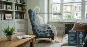 A photorealistic, detailed side-view diagram with semi-transparent technical overlays showing a complete S-L Track mechanism extending from the neck down the full curve of the spine to the upper hamstrings. The graphic illustrates how the rollers provide comprehensive coverage for precision pressure point relief.