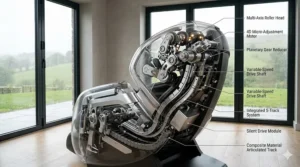 A technical illustration showing the internal SL-track roller path of a massage chair, extending from the neck down to the glutes for full-body recovery.