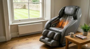 A diagram showing a slimline heated massage chair with a wall-hugging design, ideal for smaller UK flats and compact living spaces.