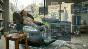 A diagram showing the wall-hugger clearance required for a massage chair, making it suitable for compact British homes and flats.