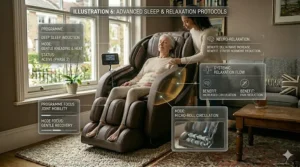 Demonstration of a wall-hugging massage chair sliding forward to recline, ideal for smaller UK homes and flats.