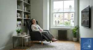 A wide shot of the grey massage chair placed in a compact corner of a UK home. A technical blueprint overlay in the corner illustrates the space-saving wall-hugger reclining mechanism, requiring only 5cm of clearance from the skirting board to fully recline.