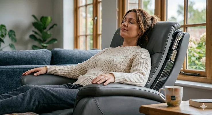 A premium 4D massage chair in a modern British living room with natural lighting, featuring a person relaxing with a cup of tea on a nearby oak side table. stress relief massage chair home