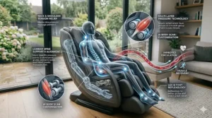 A technical diagram showing the therapeutic pressure points targeted by a robotic massage chair to improve circulation and muscle recovery.