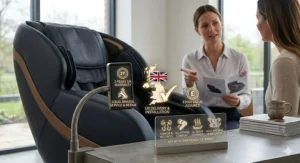 An icon representing UK-based customer support and a 2-year warranty for massage chairs priced under £2000.