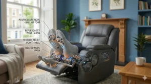 A high-resolution technical illustration of a massage chair's footrest with a translucent foot and annotations for the ball of the foot, arch reflexology, and heel tension relief.
