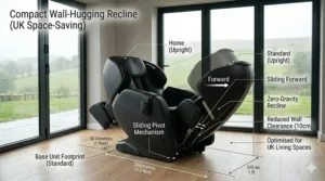A scale drawing demonstrating wall-hugging technology, showing a massage chair sliding forward as it reclines to fit into smaller British living spaces.