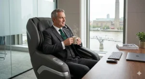 An illustration demonstrating the space-saving wall-hugging mechanism, allowing the executive chair to fully recline even in smaller UK city offices.