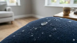 Close-up of water-resistant fabric on a massage chair cover showing liquid beads rolling off the surface near a tea mug.