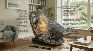 Illustration showing the zero-gravity reclining position of an airbag massage chair to reduce spinal pressure.
